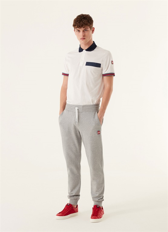polo shirt and sweatpants
